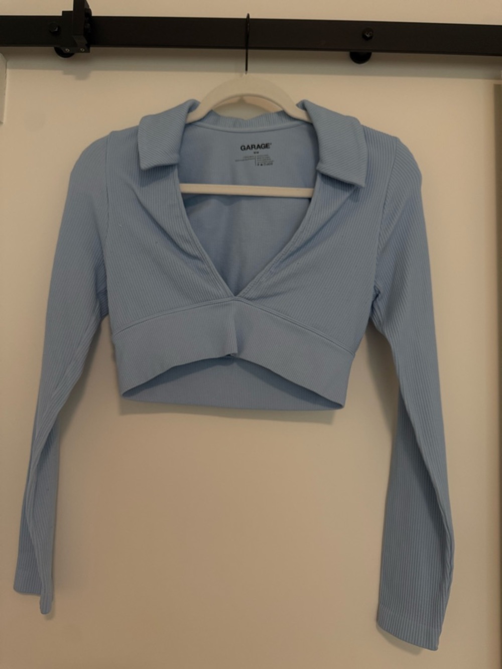Garage Blue Ribbed V-Neck Cropped Long-Sleeve Top